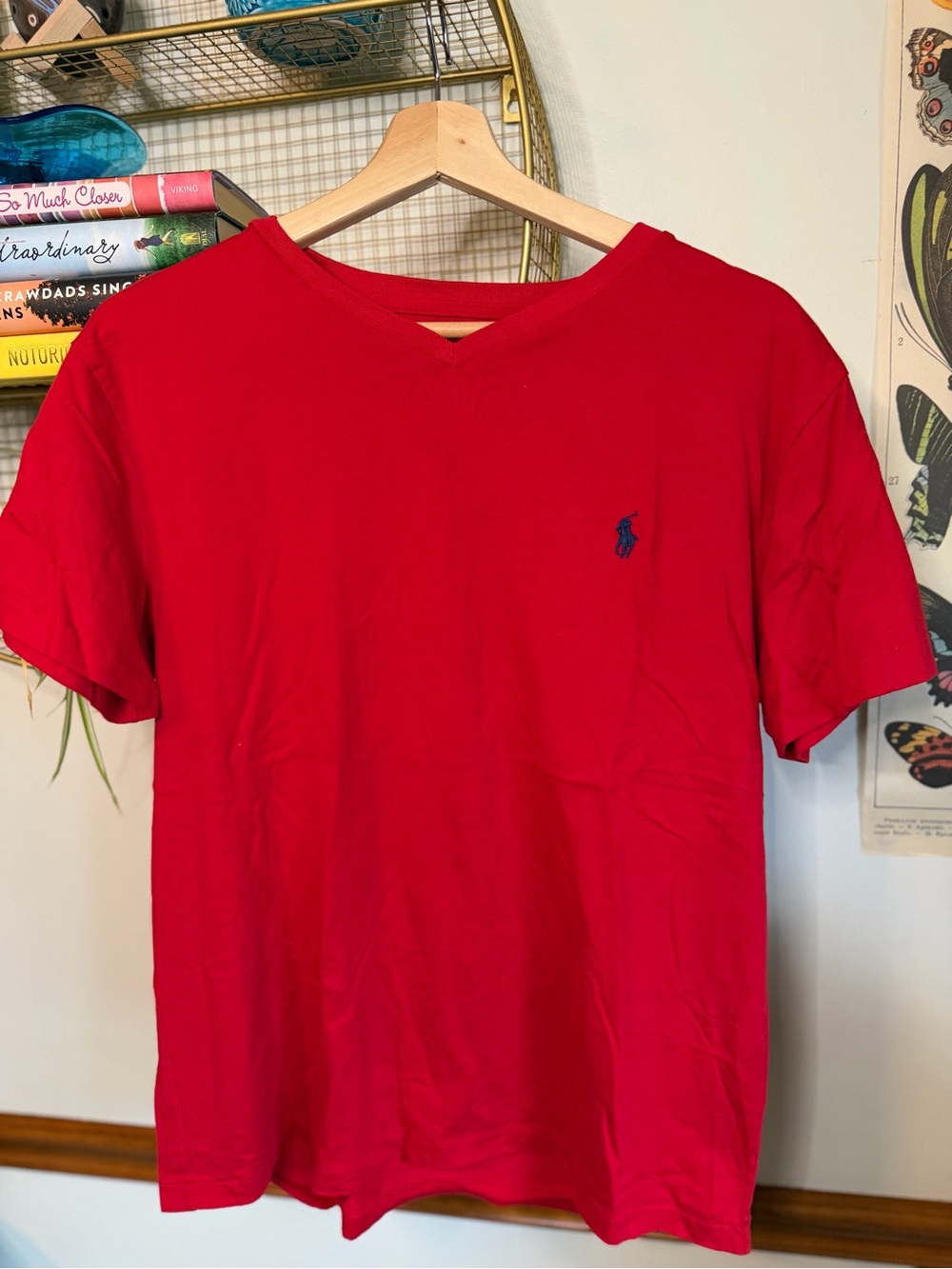 Polo by Ralph Lauren Bright Red V-Neck Short Sleeve Tee with Navy Pony medium